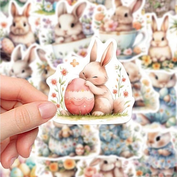 50 Adorable Springtime Bunny Stickers Easter Garden Flowers Eggs Teacups - Picture 5 of 6